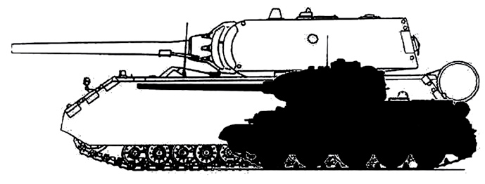 Сравнительные габариты немецкого супертяжелого танка «Маус» и советского среднего танка Т-34/85